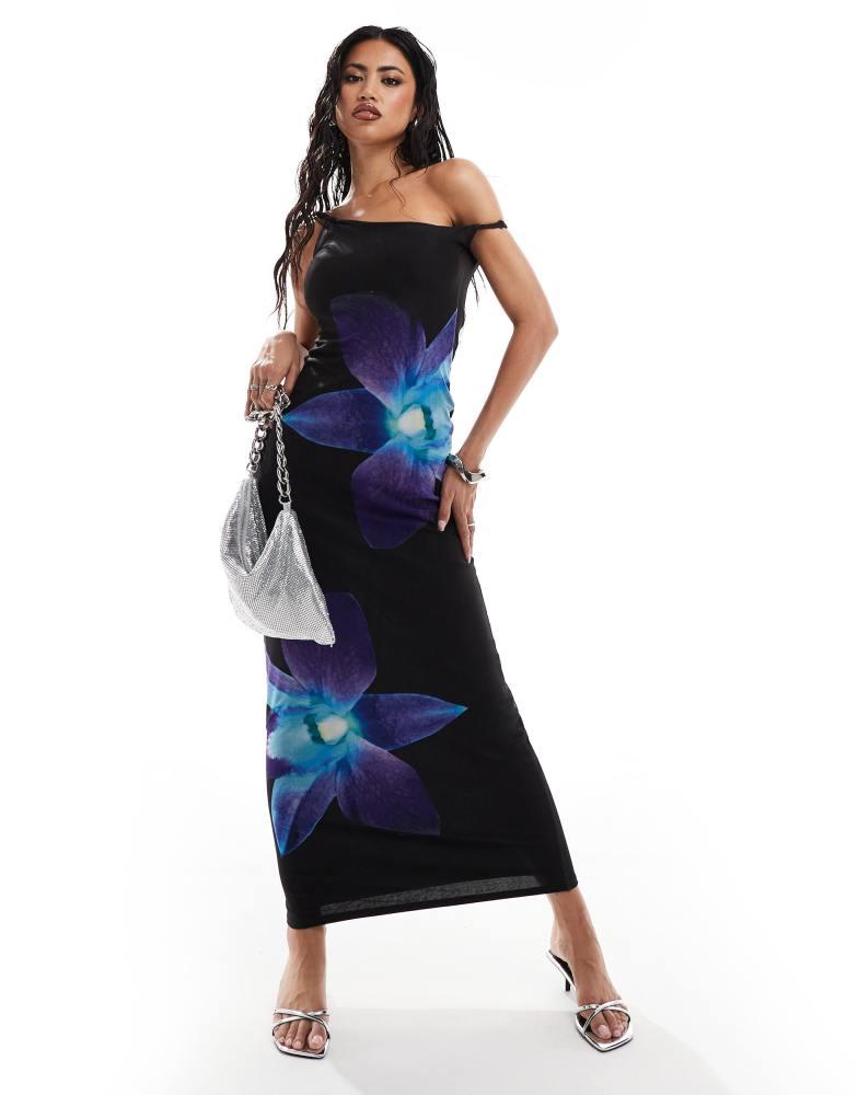 Kaiia Kaiia mesh off shoulder maxi dress in black and blue flower print