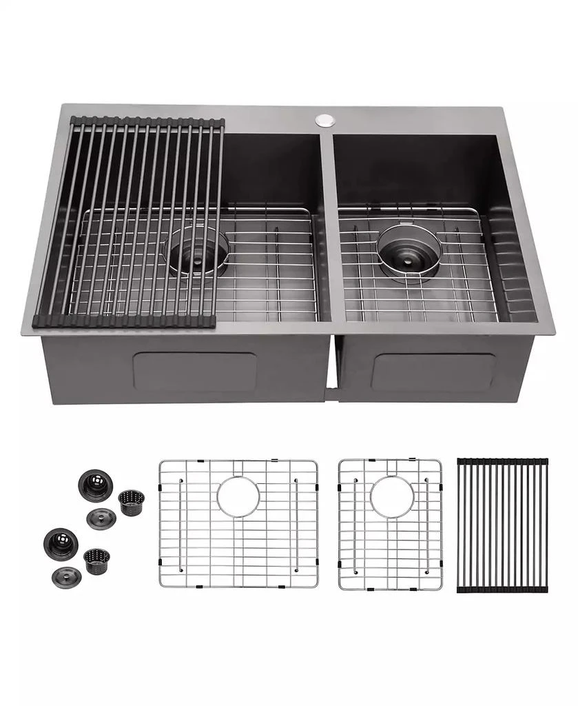 Flynama 33x22x9inch Gunmetal Black Double Bowl Kitchen Sink Drop In Stainless Steel 16 Gauge 60 40 Split