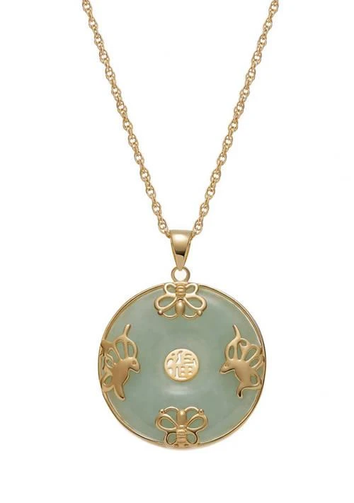 Dynasty Jade 18k Gold Plated Sterling Silver Jade "Good Luck" Disc Pendant on 18" Chain