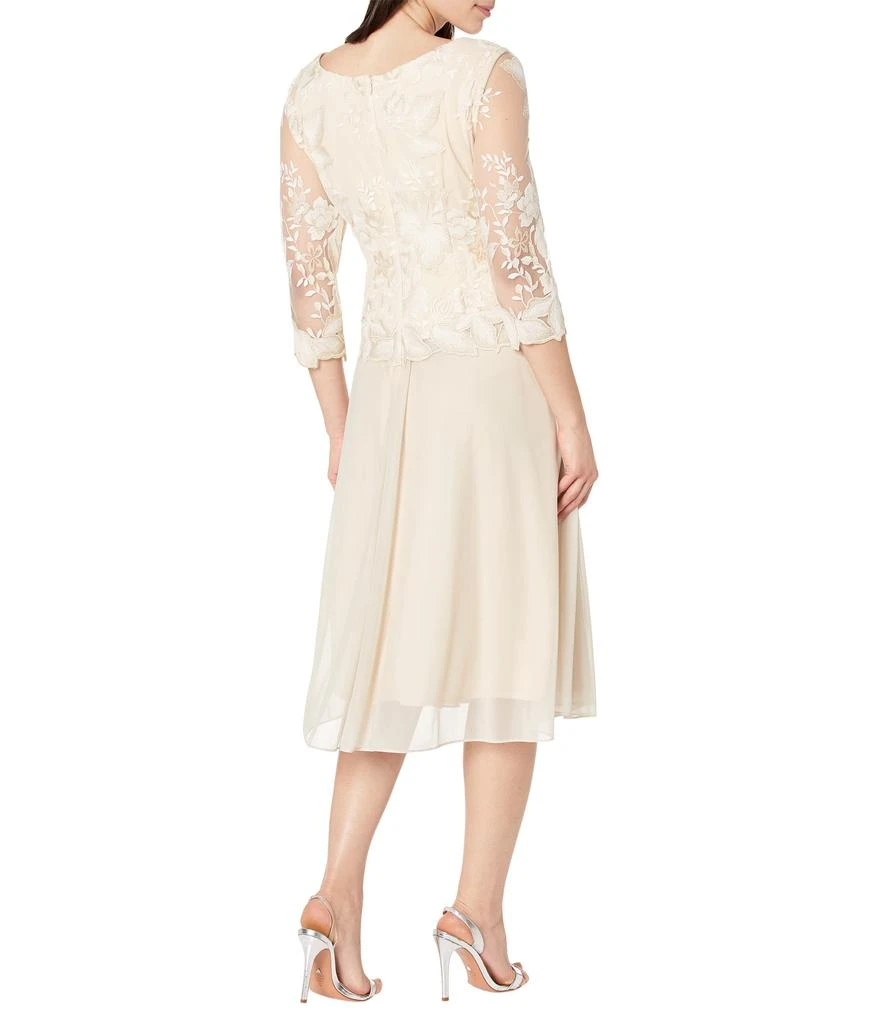 Alex Evenings Tea Length Embroidered Dress with Illusion Sleeve and Scallop Detail Full Skirt 2