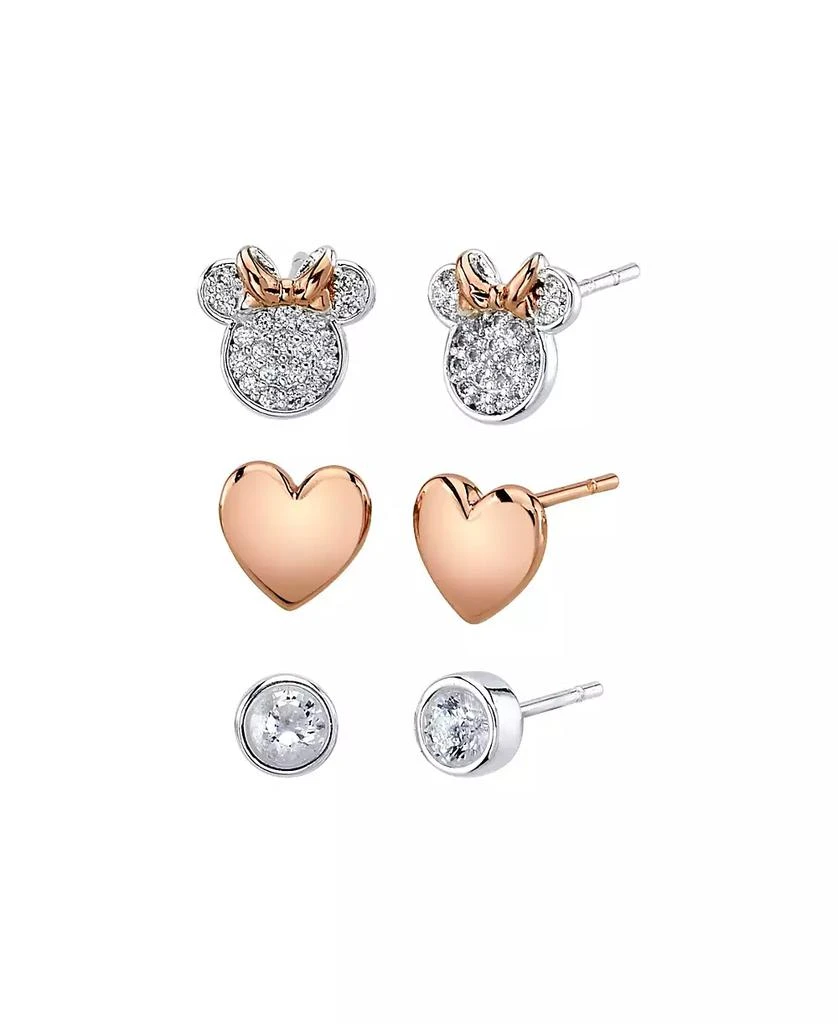 Disney Three Pair Silver Plated Two Tone Rose Gold Minnie Mouse Earring Set with Rose Gold Heart and Bezel Cubic Zirconia Stud 1