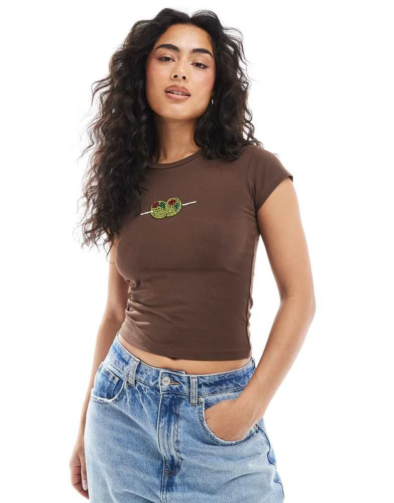 ASOS ASOS DESIGN shrunken baby tee with beaded olive graphic in brown 1