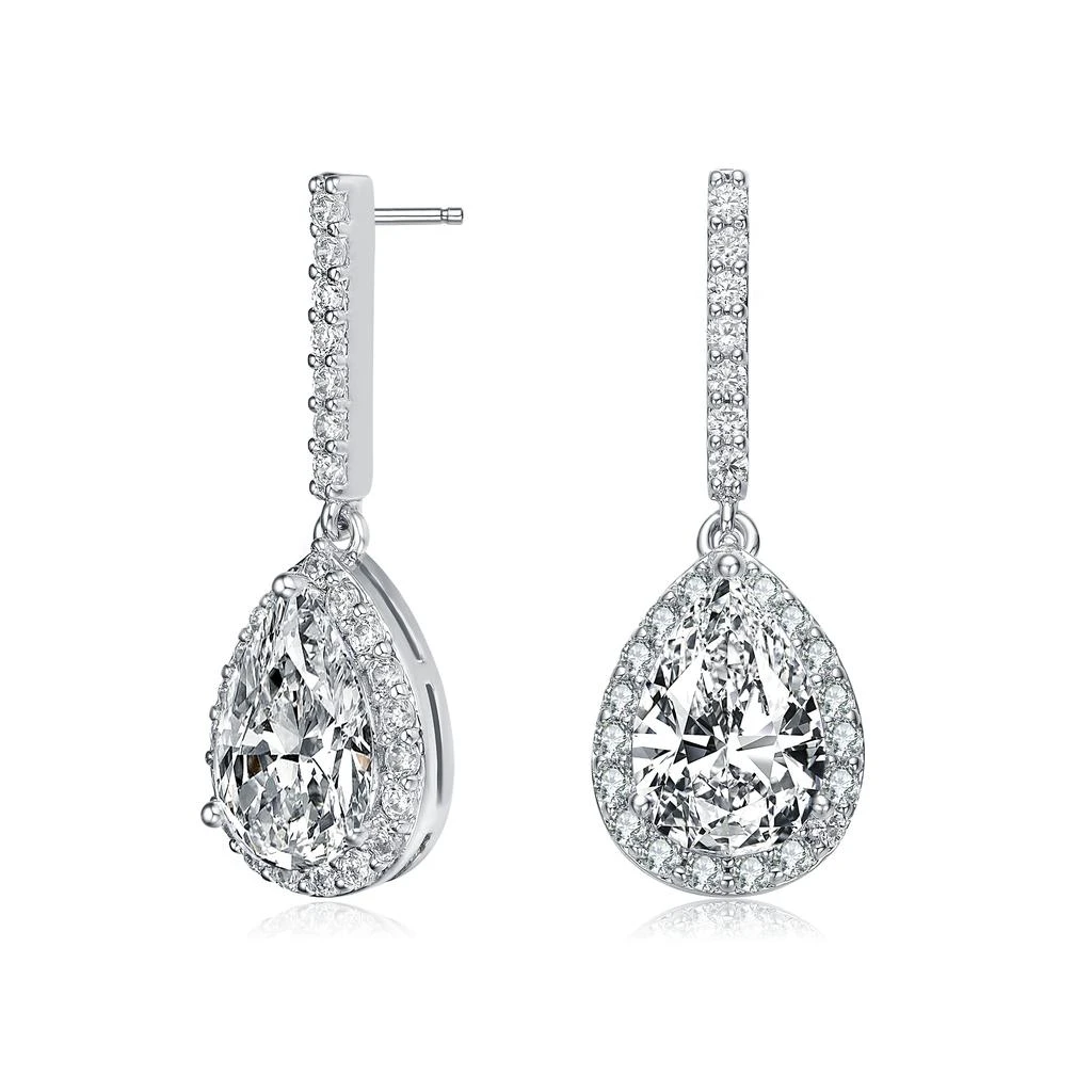 Genevive Sterling Silver With Rhodium Plated Clear Pear And Round Cubic Zirconia Halo Linear Drop Earrings