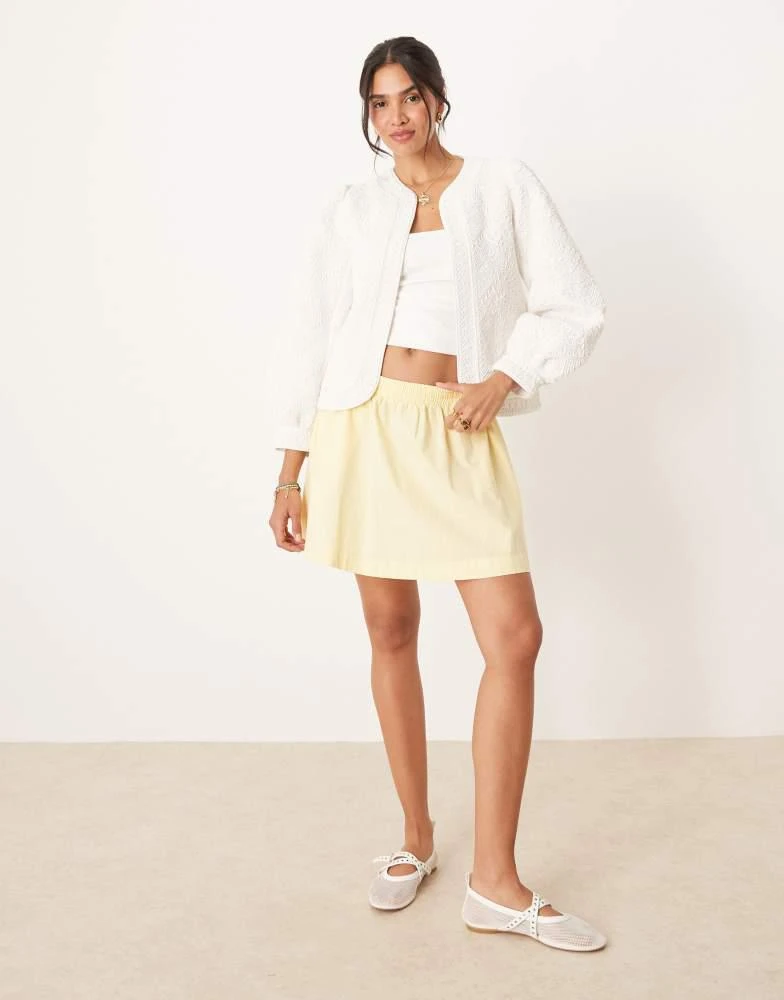 Mango Mango cotton embroidered collarless jacket with puff sleeves in white 3