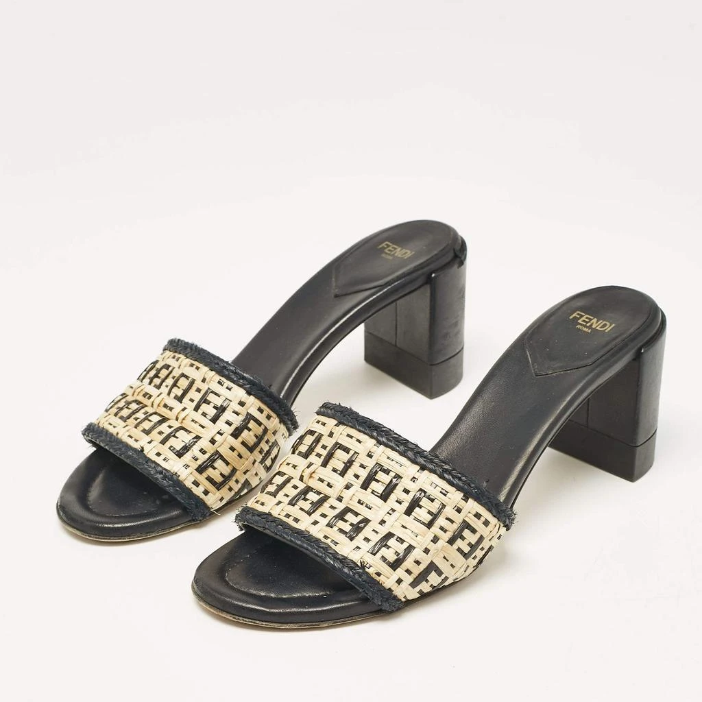 Fendi Fendi Cream/Black Leather and Raffia FF Slide Sandals Size 37.5 2