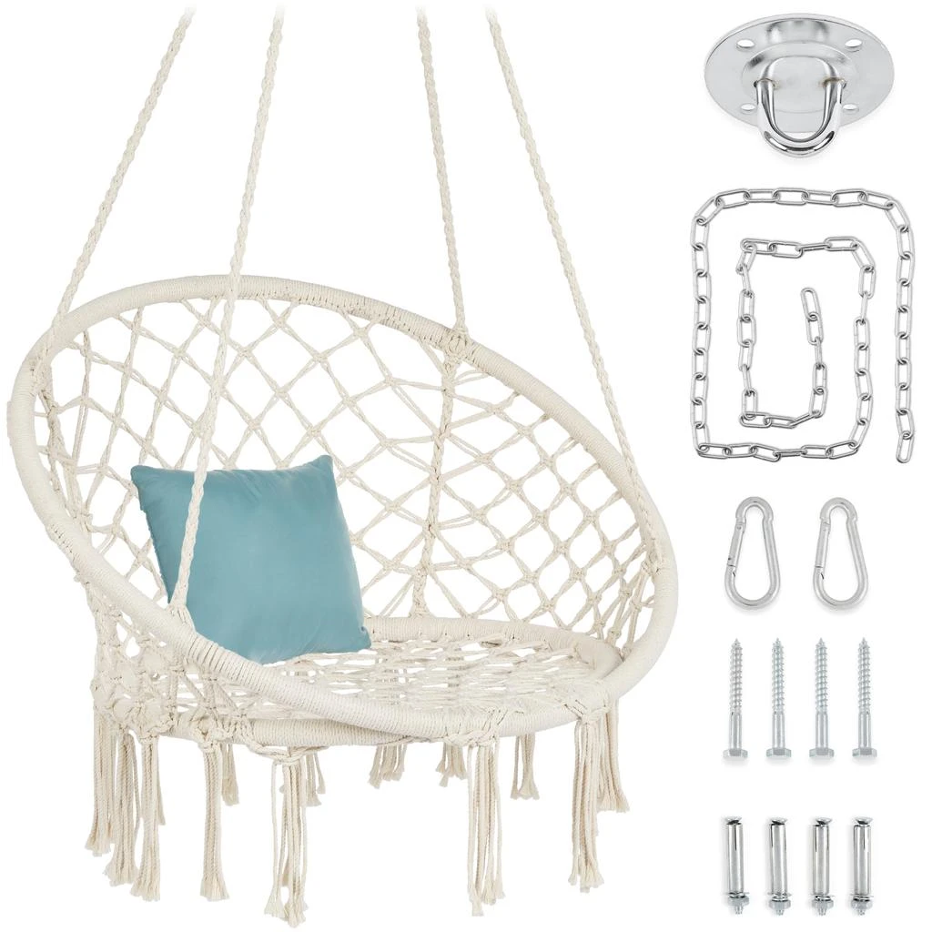 Best Choice Products Handwoven Cotton Macramé Hammock Hanging Chair Swing for Indoor & Outdoor Use w/ Backrest 1