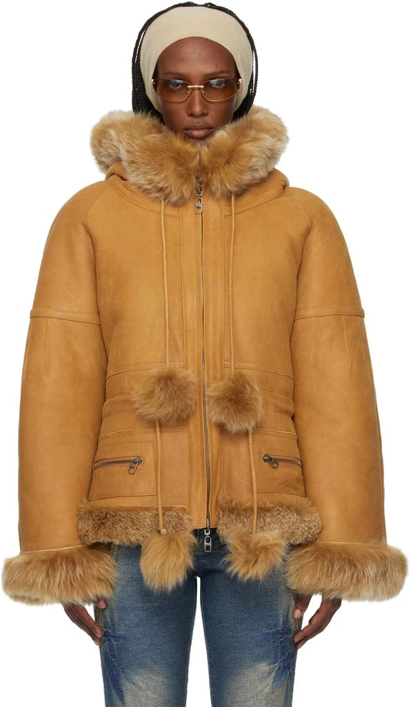 Miss Sixty Tan KNWLS Edition Hooded Faux-Fur Reversible Shearling Jacket