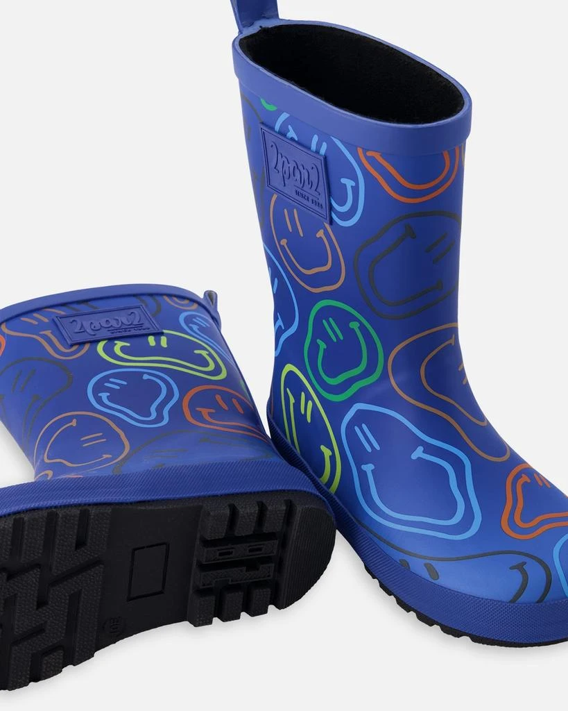Deux par Deux Rain Boots in Natural Rubber Blue Smiley Print 3