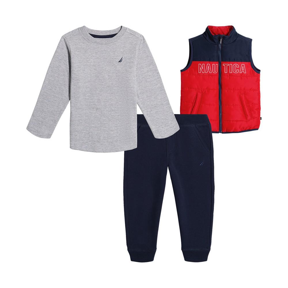Nautica Baby Boys Long Sleeve Heather T-shirt, Colorblock Puffer Vest and Fleece Joggers, 3 Piece Set