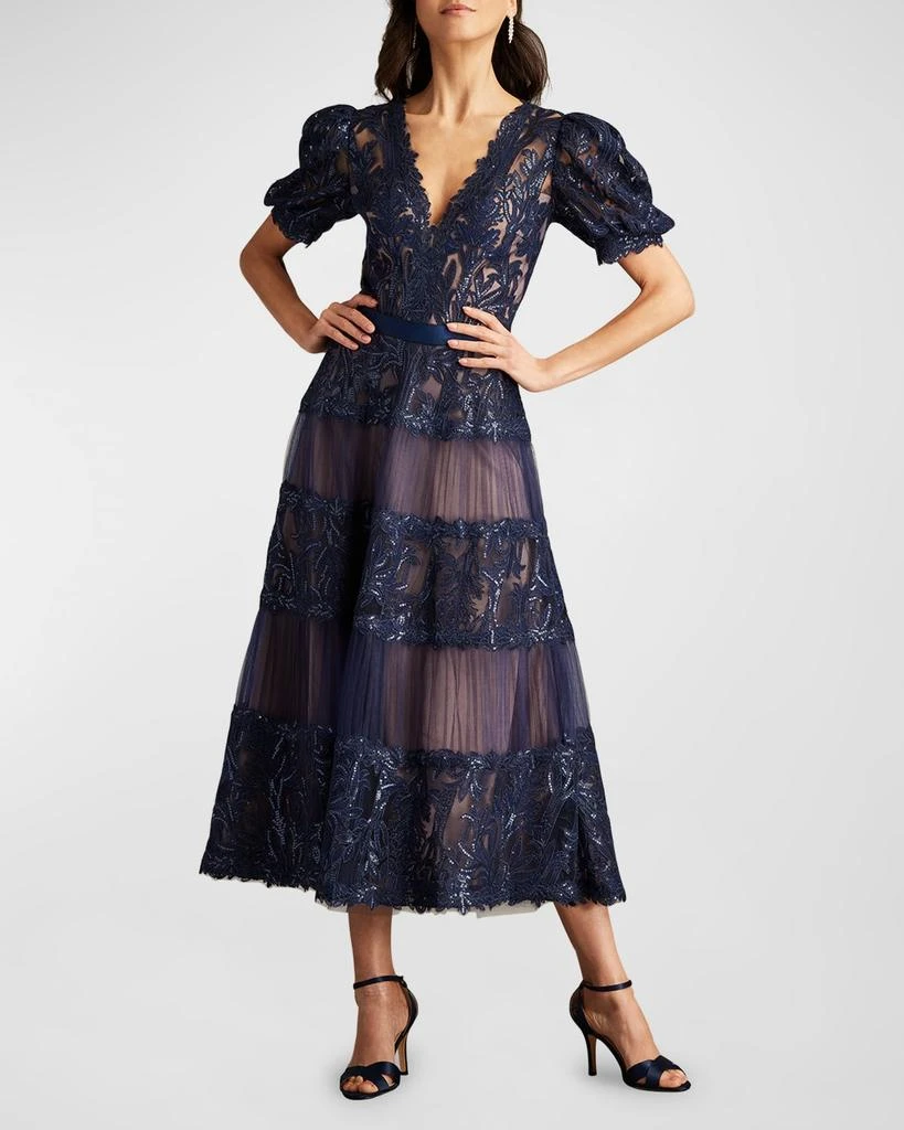 chinese dress ladies Tadashi Shoji Embroidered Lace Tiered Midi Dress in Royal Navy