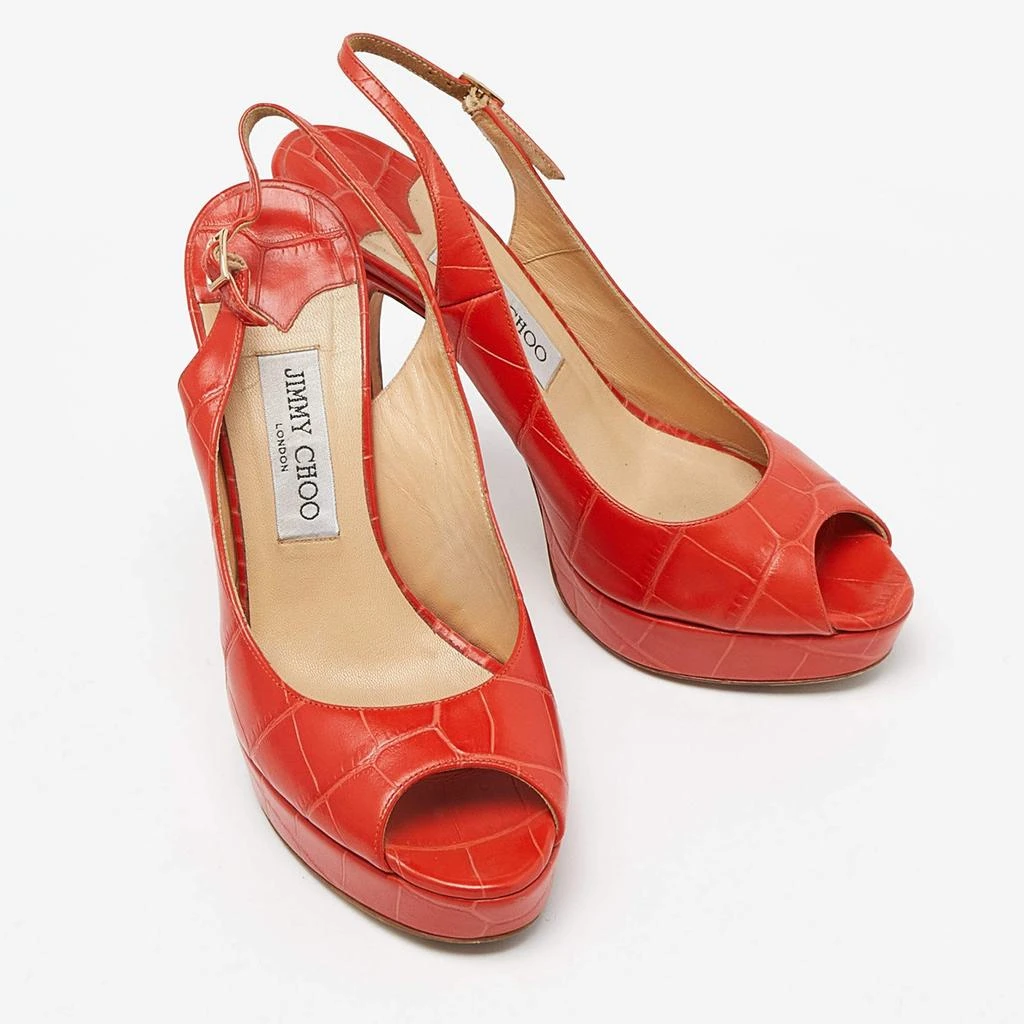 Jimmy Choo Jimmy Choo Orange Croc Embossed Leather Peep Toe Platform Slingback Pumps Size 39 4
