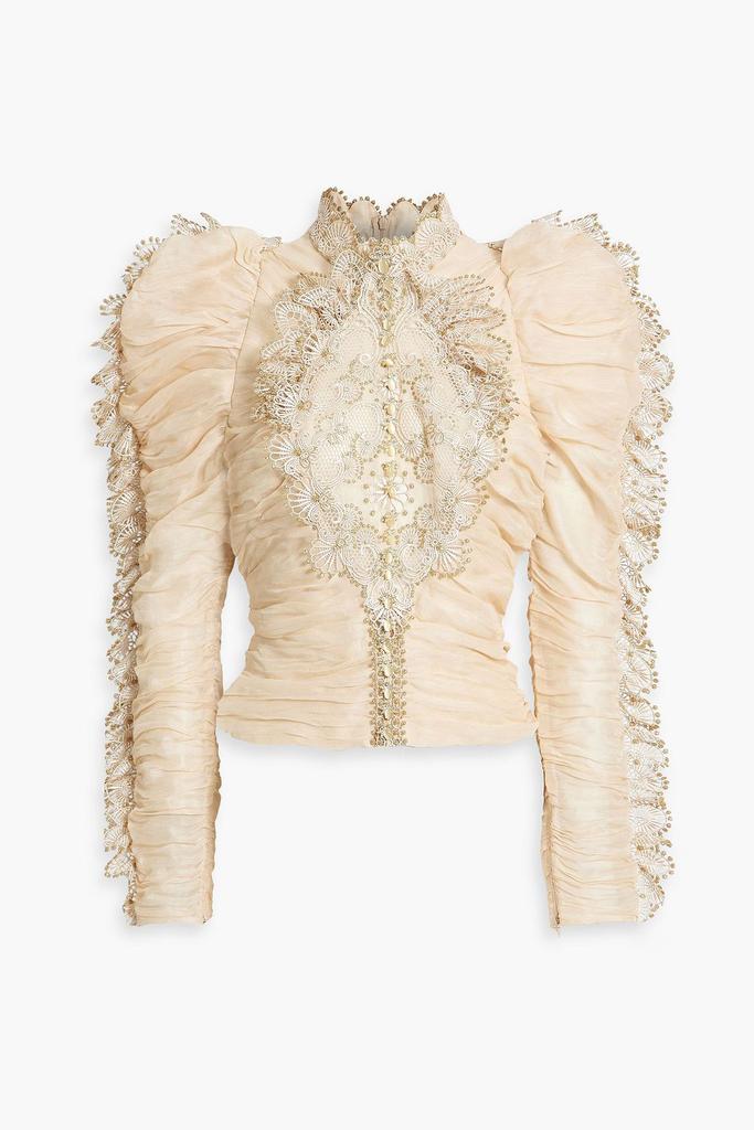 Zimmermann Crochet-paneled ruched linen and silk-blend top