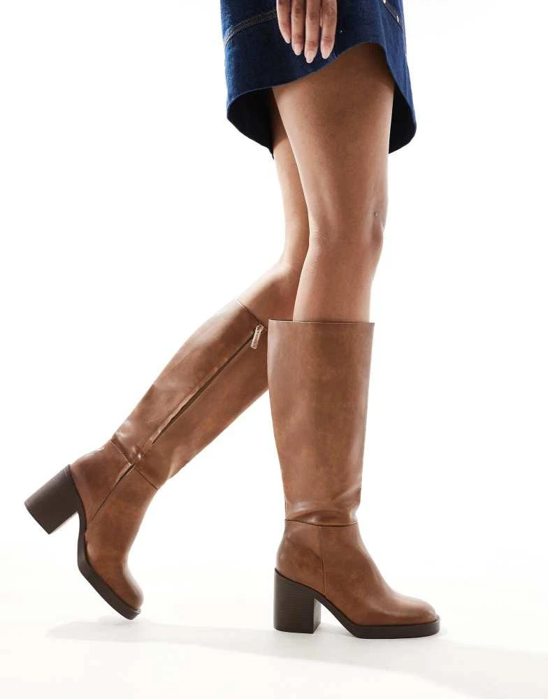 Bershka Bershka faux leather calf length boots in brown 1