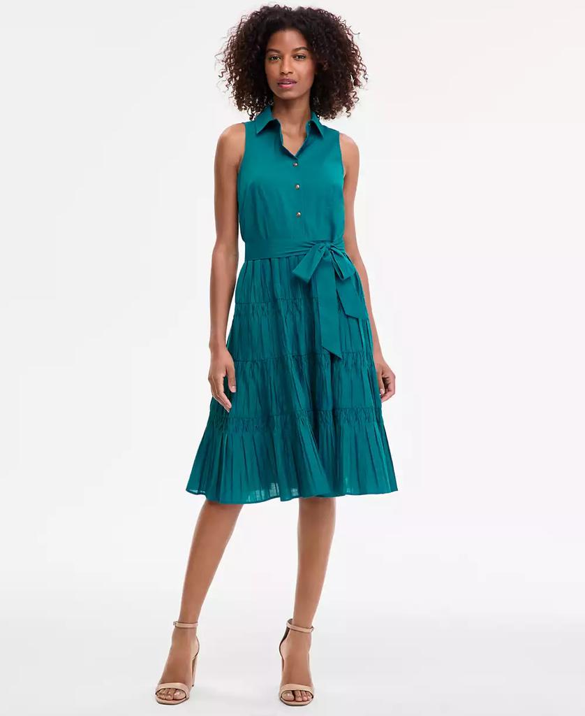 Anne Klein Petite Cotton Belted Pleated Tiered Shirtdress