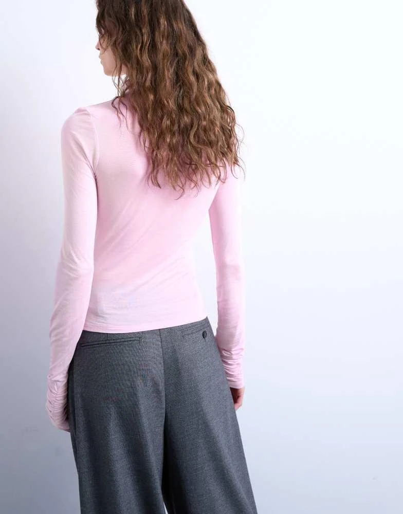 Topshop Topshop high neck viscose long sleeve top in pink 3