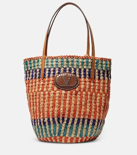 Valentino VLogo leather-trimmed raffia tote bag 1