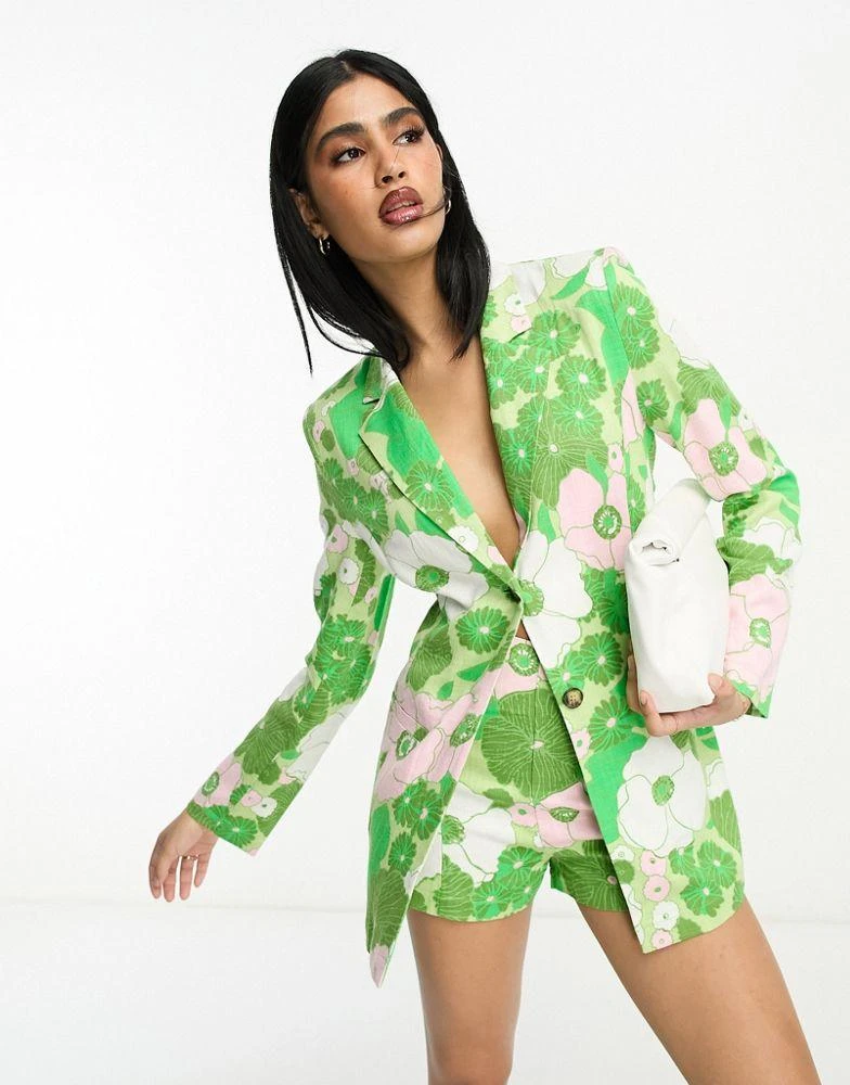 ASOS ASOS DESIGN slimline tie back suit blazer with linen in retro floral print 1