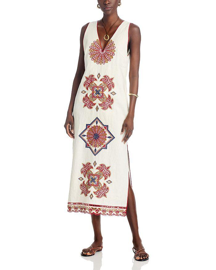 Farm Rio Marys Tiles Off White Richilieu Sleeveless Midi Dress