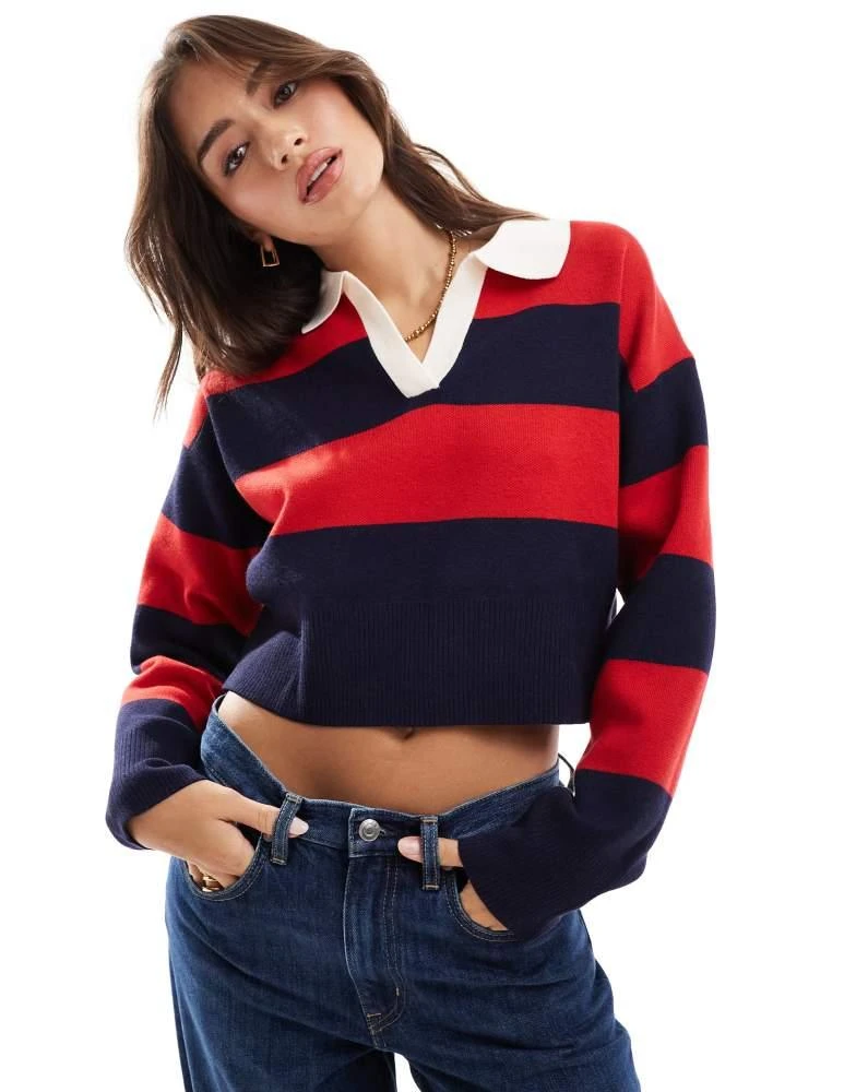 Bershka Bershka striped polo neck jumper in red 3