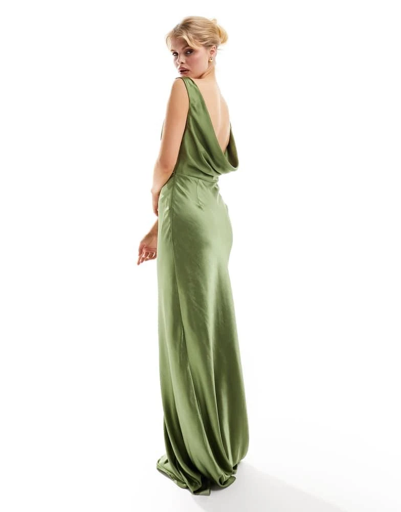 Six Stories Six Stories Bridesmaids cowl back satin maxi dress in moss green 1
