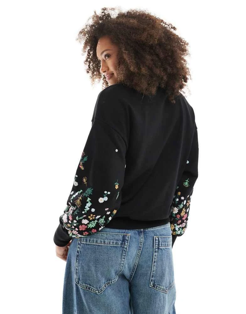 ONLY ONLY crew neck jumper with floral sleeve detail in black 4