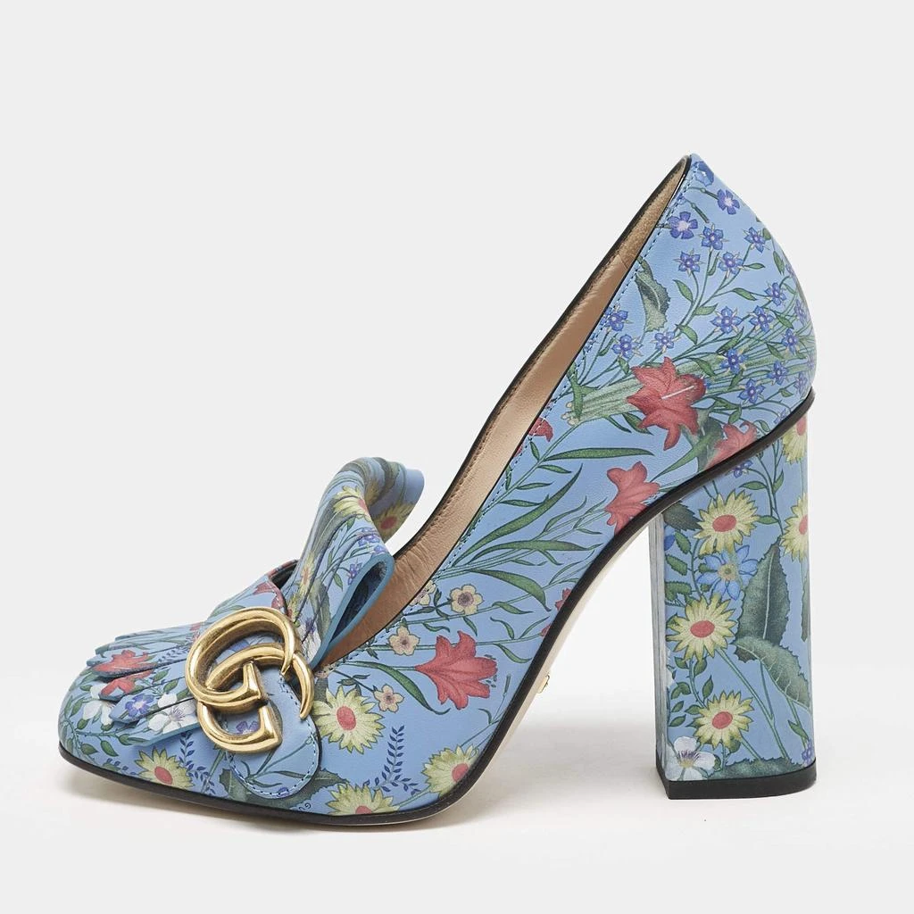 Gucci Gucci Blue Floral Print Leather GG Marmont Fringe Pumps Size 36 1