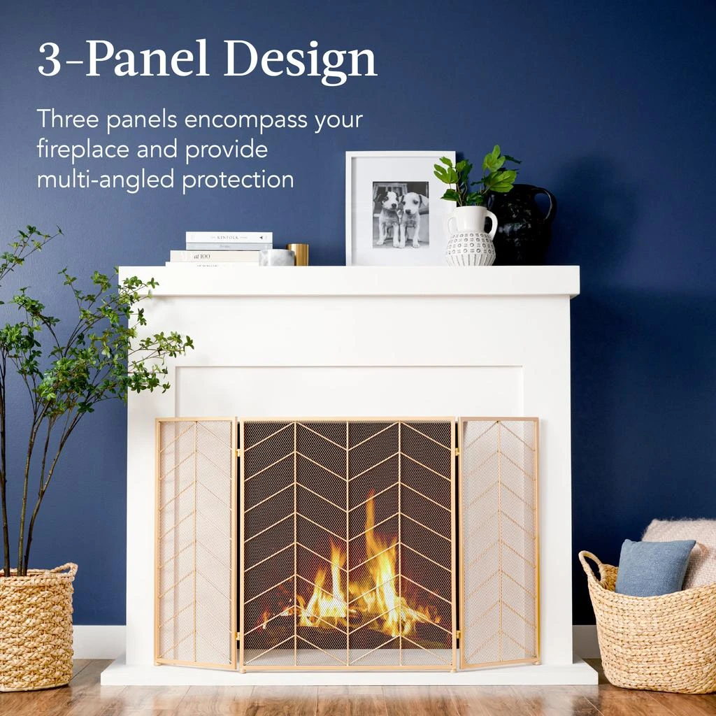 Best Choice Products 52x31in 3-Panel Iron Chevron Fireplace Screen, Spark Guard w/ Handles 2