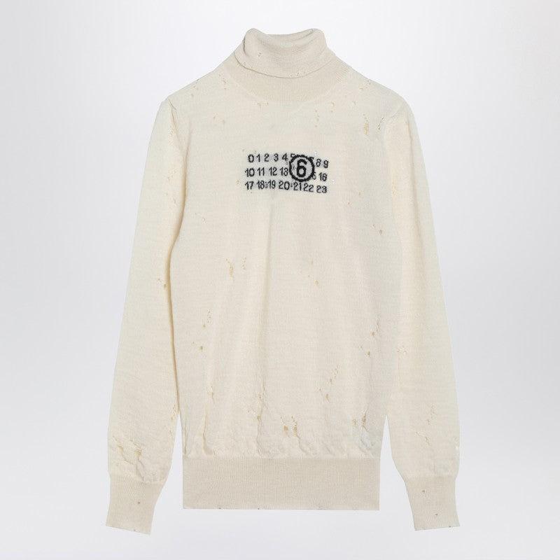 MM6 Mm6 Maison Margiela Women's Distressed Turtleneck Sweater With Numeric Signature