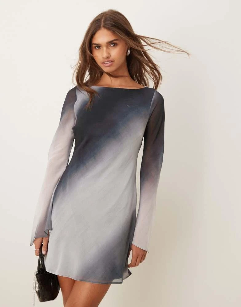 New Look New Look flare sleeve ombre chiffon mini dress in grey 1