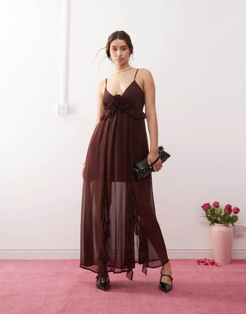 Miss Selfridge Miss Selfridge chiffon corsage detail cami maxi dress in brown 1