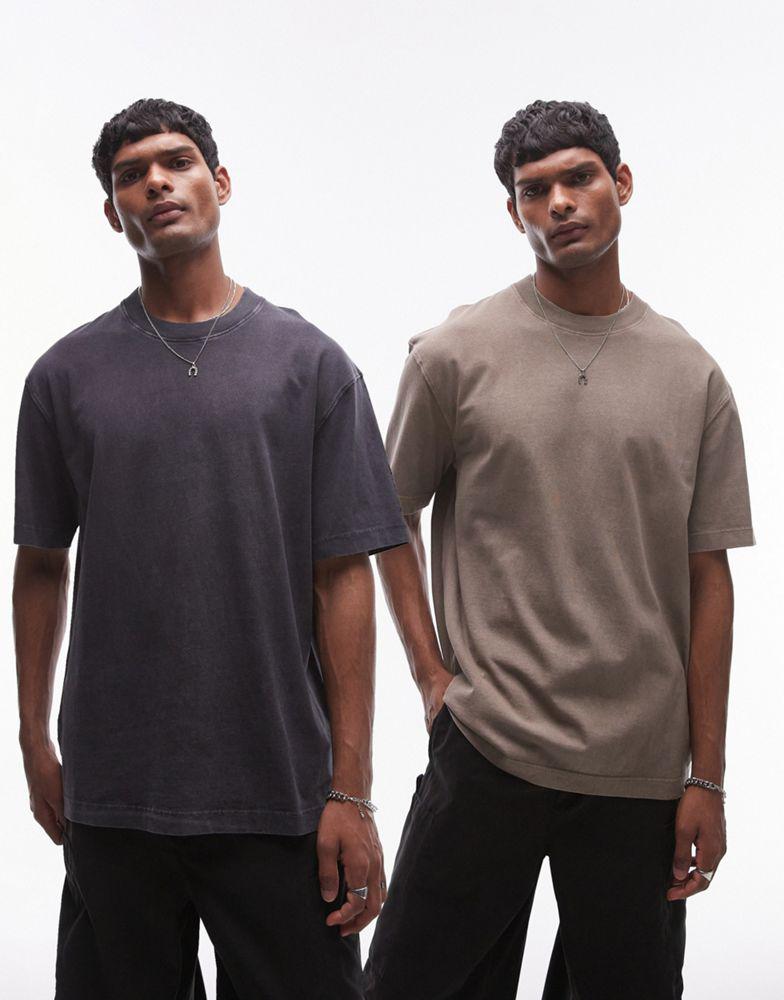 Topman Topman oversized fit washed t-shirt 2 pack in black and khaki