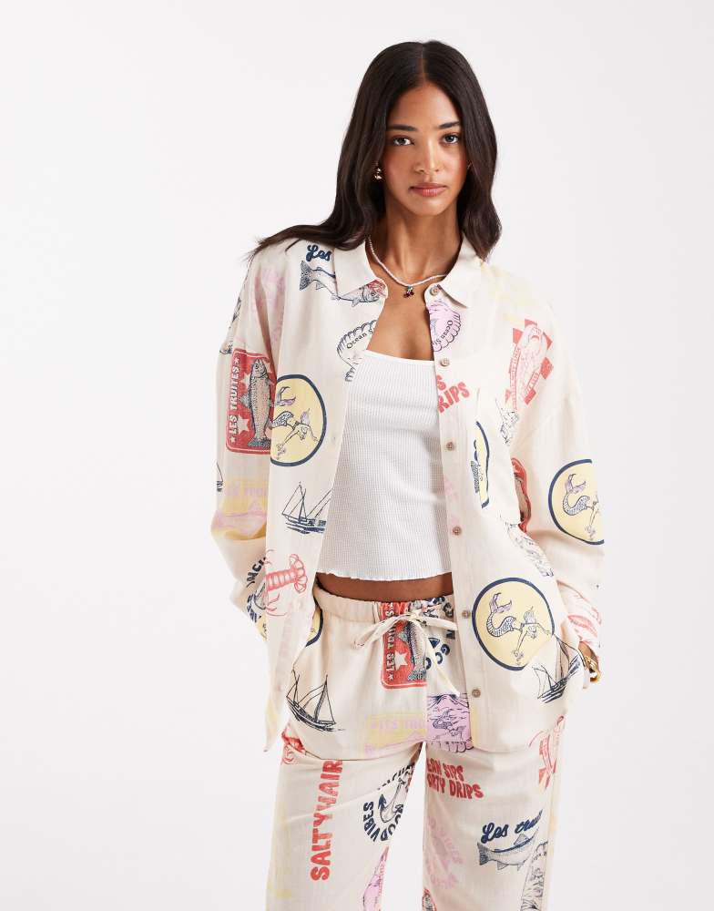 Pull&Bear Pull&Bear printed summer shirt co-ord in ecru