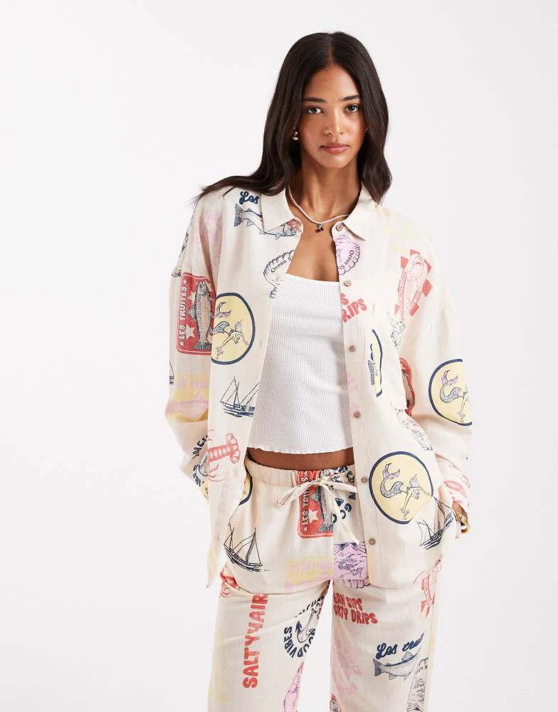 Pull&Bear Pull&Bear printed summer shirt co-ord in ecru 1