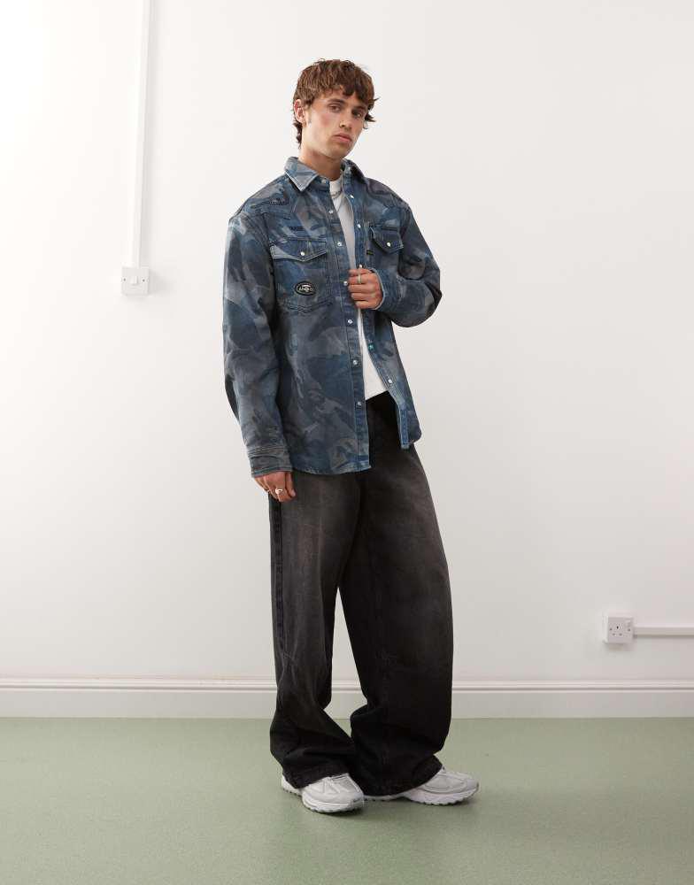 AAPE Aape by A Bathing Ape loose fit long sleeve denim shirt in blue camo jacquard