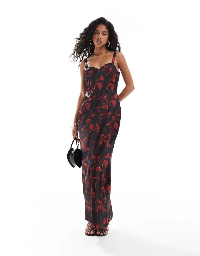 The Frolic The Frolic exclusive satin corset detail bodycon maxi dress in black rose print 1