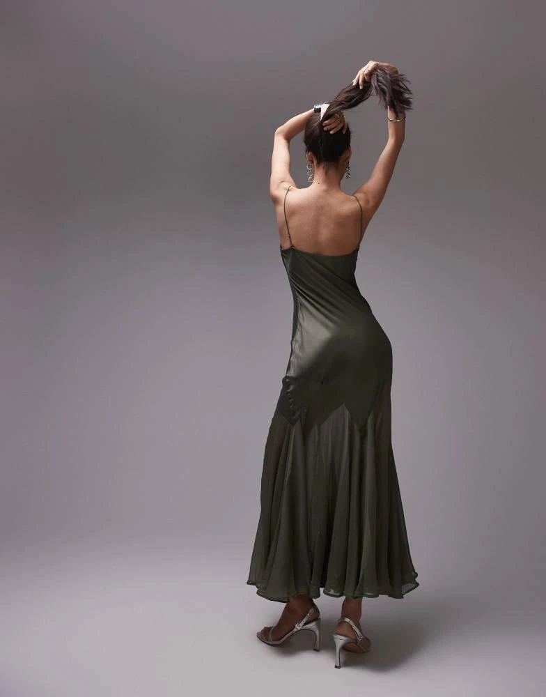 Topshop Topshop premium mixed fabric godet hem midi dress in khaki 3
