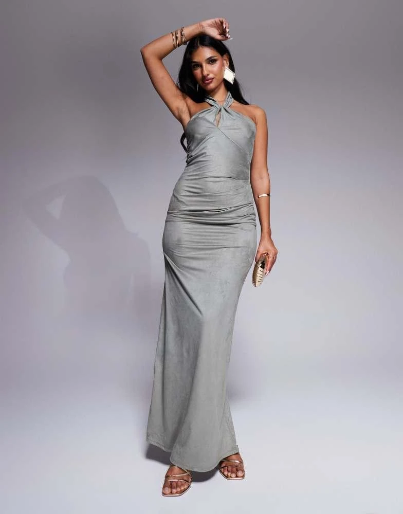 ASOS ASOS DESIGN faux suede knot detail halter maxi dress in grey 1
