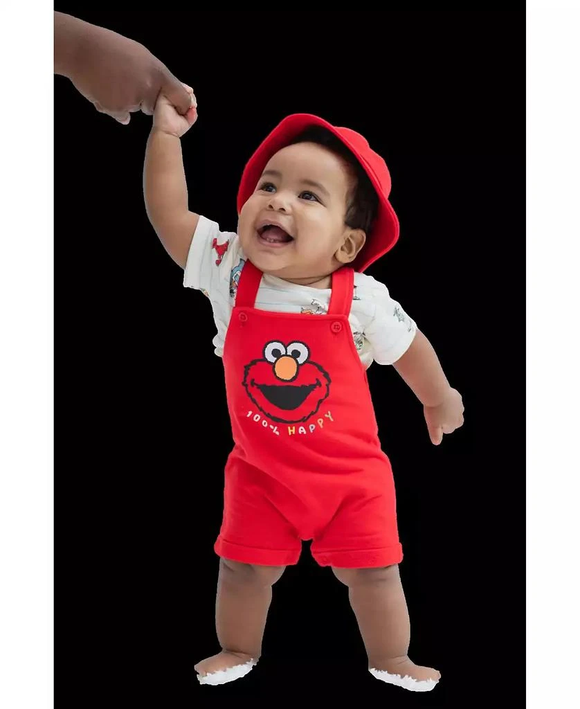 Sesame Street Baby Boys Elmo French Terry Short Overalls T-Shirt and Hat 3 Piece Outfit Set Newborn to 8