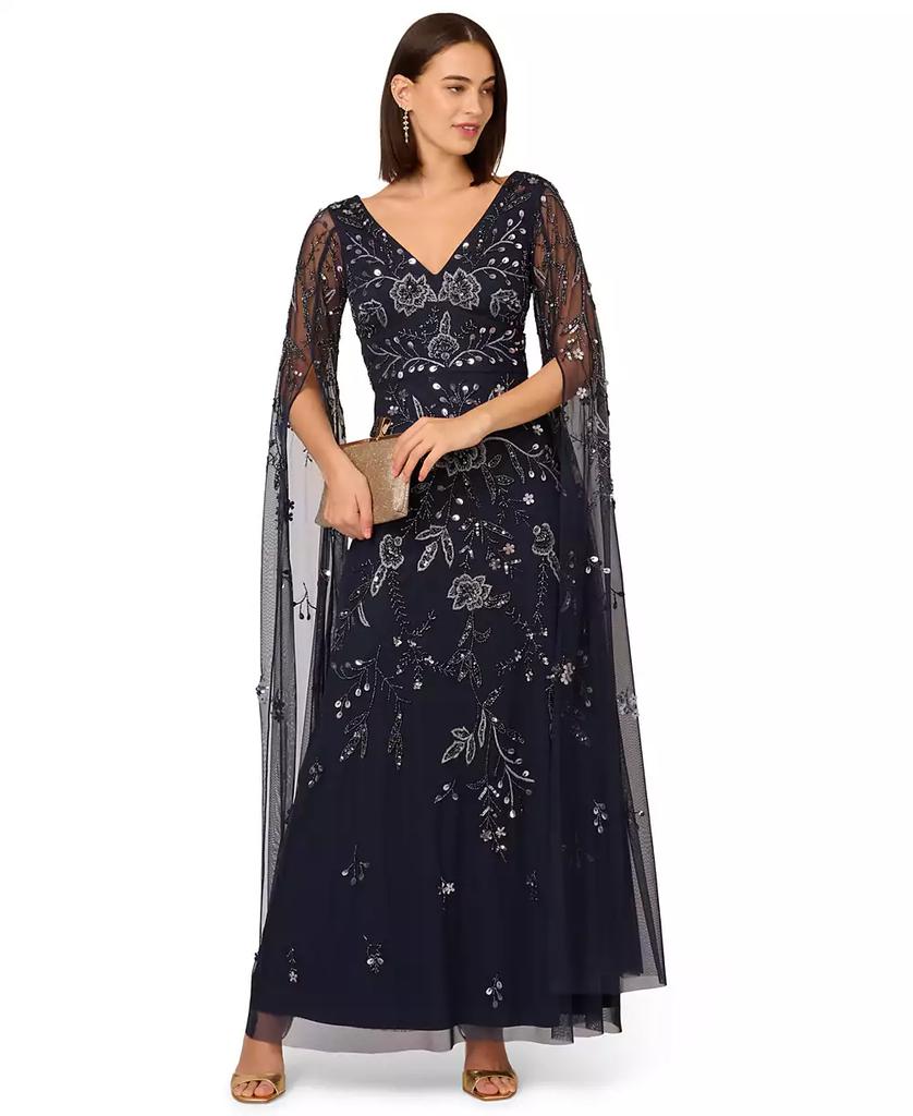 Adrianna Papell Women's Long-Sleeve Beaded Mesh Dress