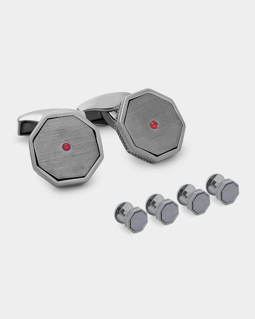 Tateossian Men
s London Eye Ruby Octagonal Cufflink and Stud Set