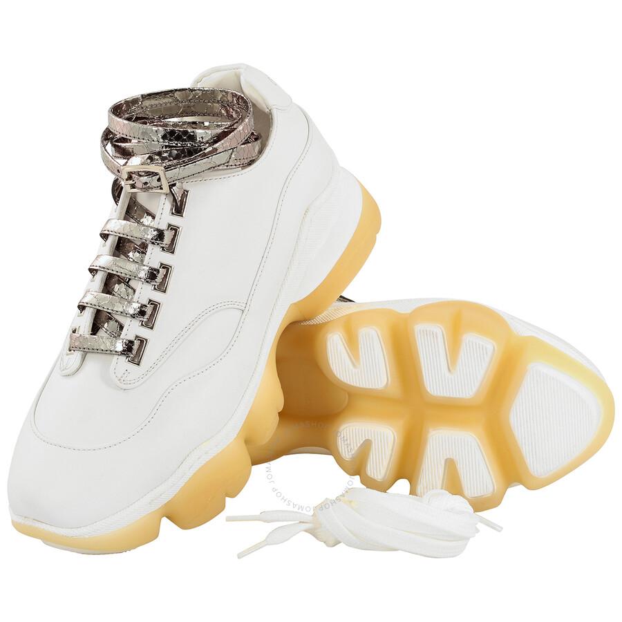 GIANNICO Ladies White / Inox Calfskin Python Lace-up Buckle Sneakers