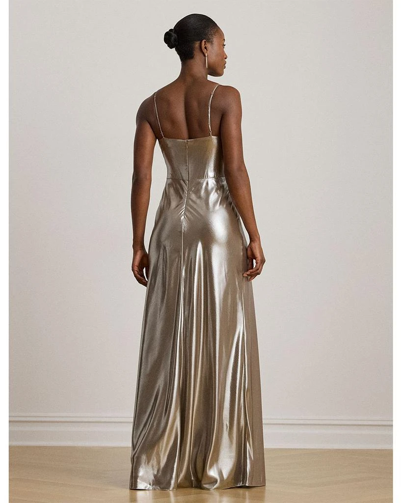 Ralph Lauren Pleated Metallic Chiffon Sleeveless Gown - Taupe Brown/Silver Foil - 14