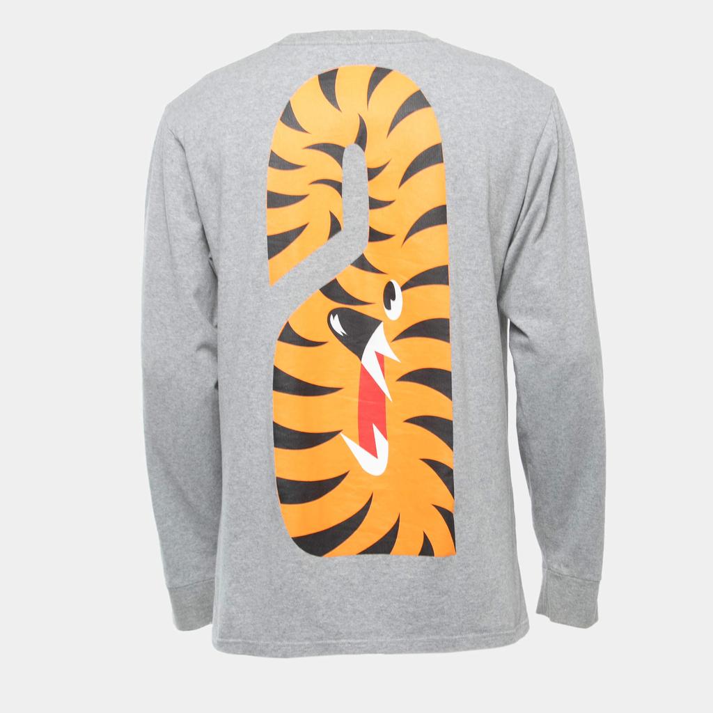 A Bathing Ape A Bathing Ape Grey Shark Print Cotton Crew Neck Long Sleeve T-Shirt L