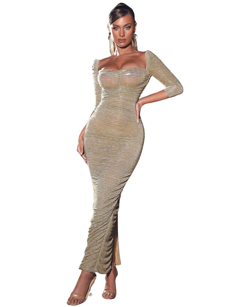 Miss Circle Women Sorrel Gold Ruched Chiffon Long Maxi Dress Miss Circle Women Sorrel Gold Ruched Chiffon Long Maxi Dress