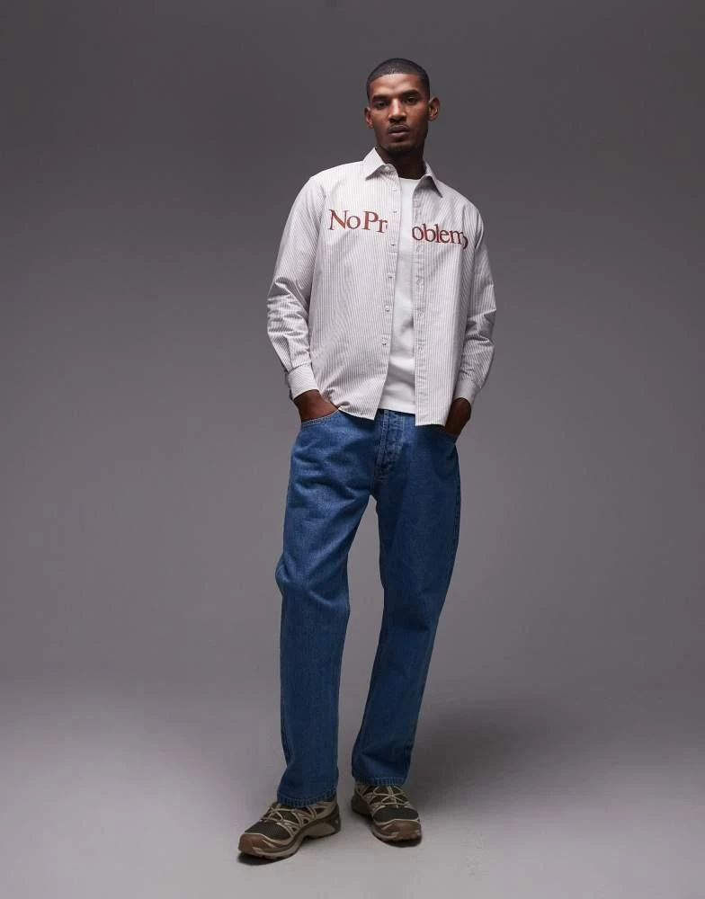 No Problemo No Problemo red logo long sleeve cotton oxford shirt in grey stripe 2