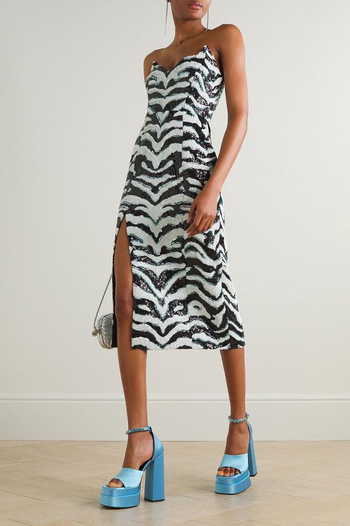Halpern Strapless sequined zebra-print tulle midi dress