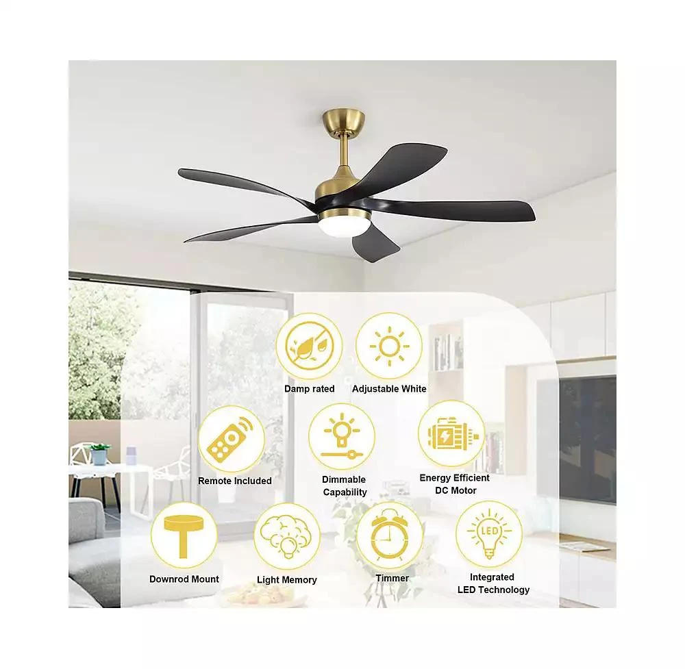 Sofucor 52-inch Modern Gold 5-Blade Ceiling Fan with LED Light and Remote Control 4