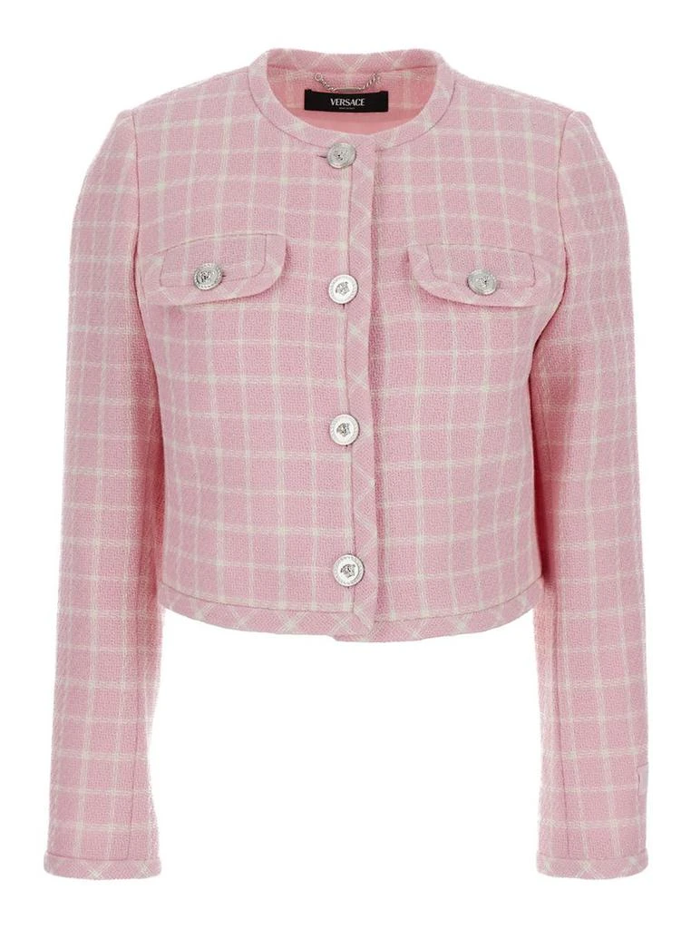 Versace Pink Checked Tweed Jacket With Medusa Head Buttons In Wool Blend Woman 1