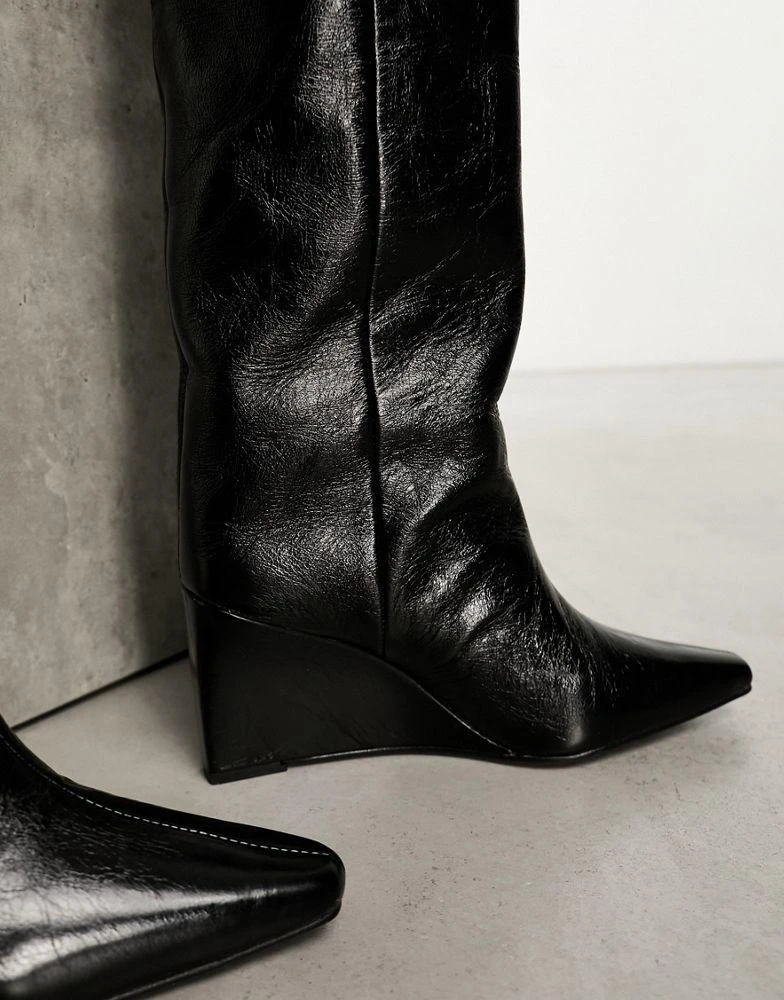 ASOS ASOS DESIGN Cali premium leather wedge knee boots in black 4