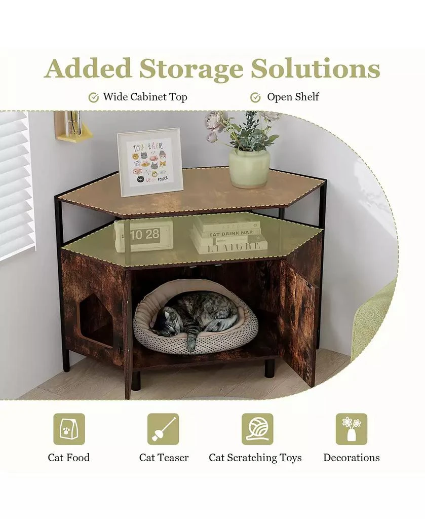 Gymax Corner Cat Litter Box Enclosure End Table w/ Open Shelf 2 Entries Double Doors 6